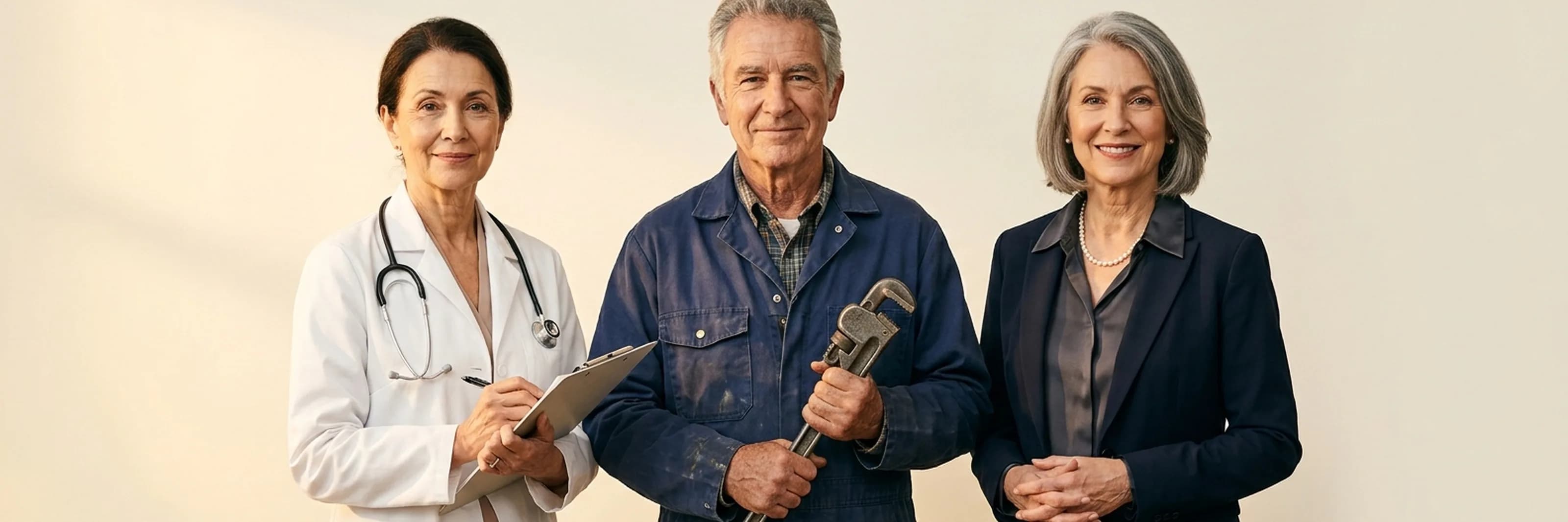Tres profesionales sénior: una médica, un fontanero y una abogada